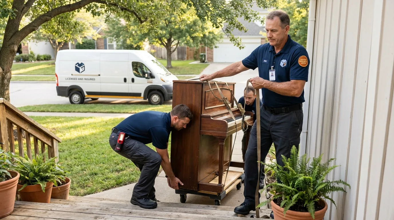 Licensed piano movers securing grand piano in West Mifflin, PA