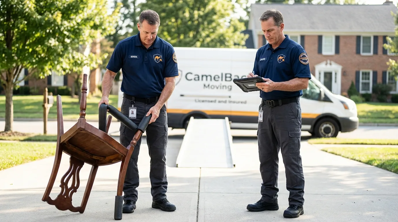 Movers inspecting furniture for damage prevention before loading in West Mifflin, PA