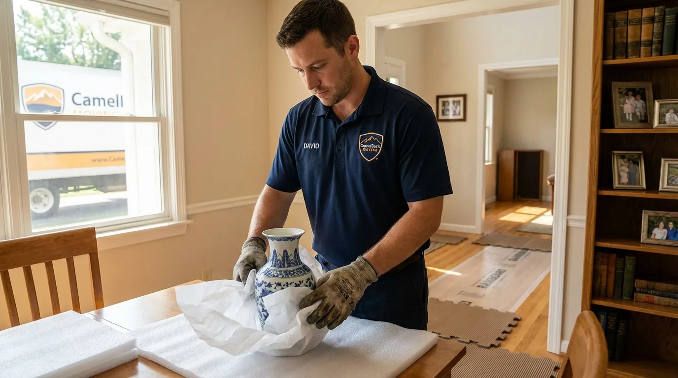 Professional crew carefully wrapping antique vase for senior downsizing move in West Mifflin, PA